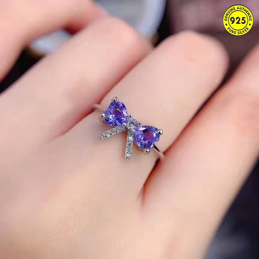 Cincin Model Terbuka Desain Pita Hias Batu Permata Tanzanite Alami Untuk Wanita