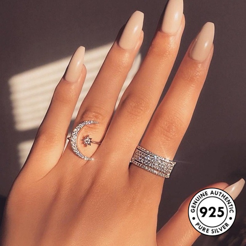 Cincin Desain Bulan Bintang Bahan S925 Silver Gaya Elegan