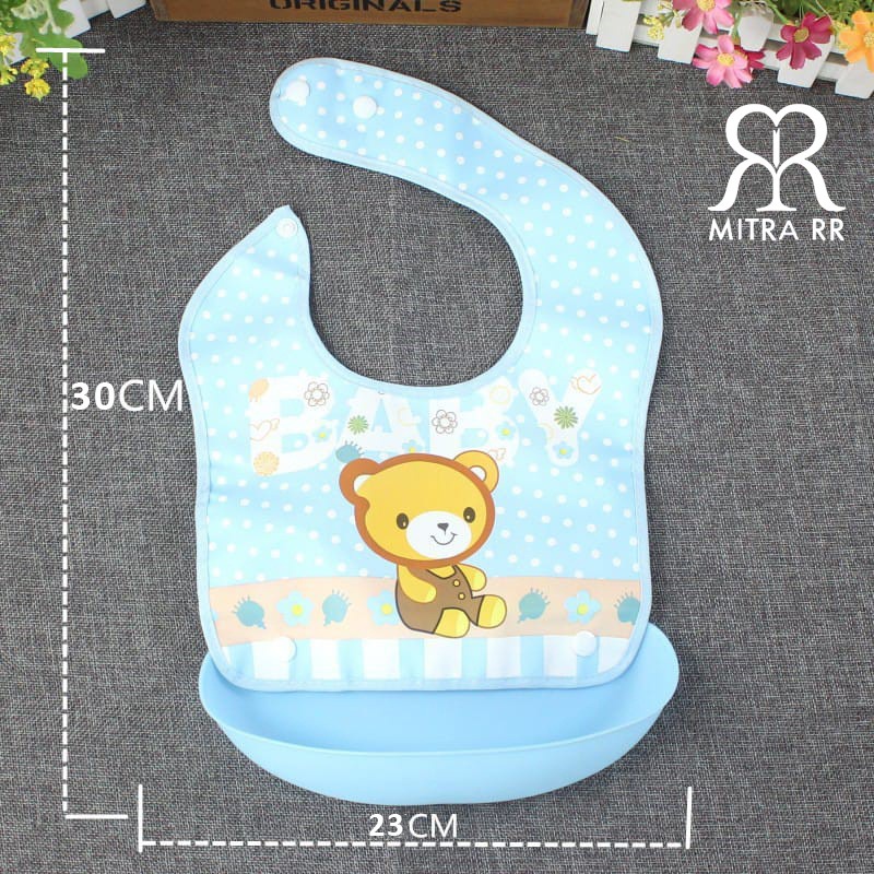 Bib Makan Bayi Slabber Silikon Plastik Waterproof / Celemek Makan Bayi Plastik Anti Air Dengan Tadah Makanan