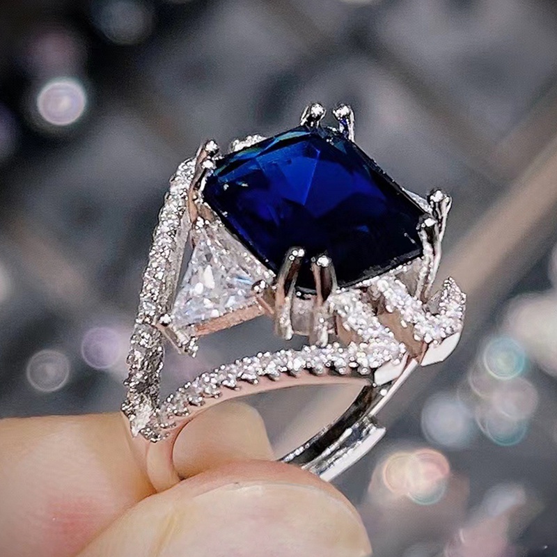 Perhiasan Cincin Cubic Zirconia Bentuk Persegi Warna Biru Untuk Wanita