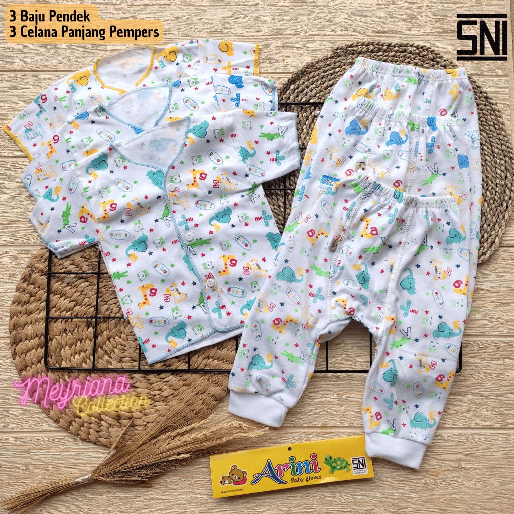 6 PCS Baju Celana Bayi Baru Lahir Setelan 3 Baju Bayi Pendek 3 Celana Panjang Pempers Bayi Newborn 0 - 3 Bulan Meyriana Collection