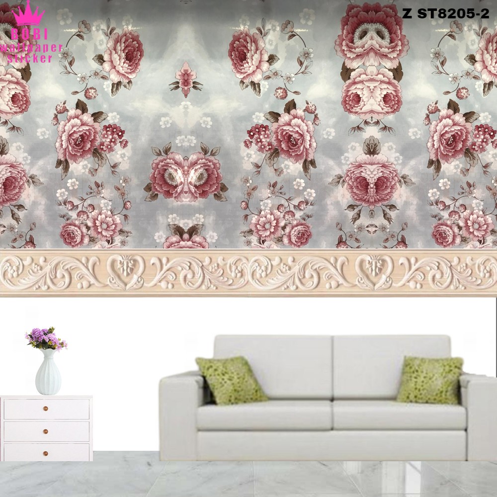 Wallpaper Sticker Tipis Z SJ8205-2 Bunga Pink Biru / Wallpaper New 2021 / Ukuran 9mx45cm