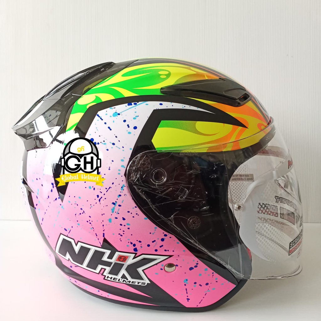 HELM NHK R1 SE KAREL WINTER BLACK PINK DOUBLE VISOR HALF FACE