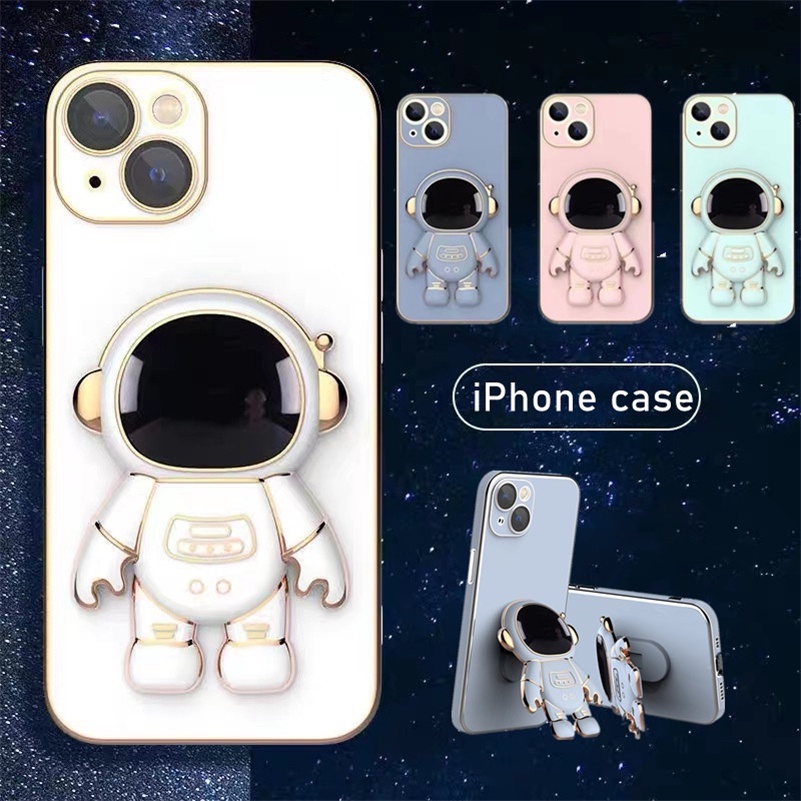 Soft Case Silikon Motif Mobile Phone Cases Astronauts With Stand Compatible for iPhone 13 12 11 Pro Max X Xr Xs Max SE 2020 8 7 Plus Plating electric camera Protective Soft Silicone Shockproof Phone Case
