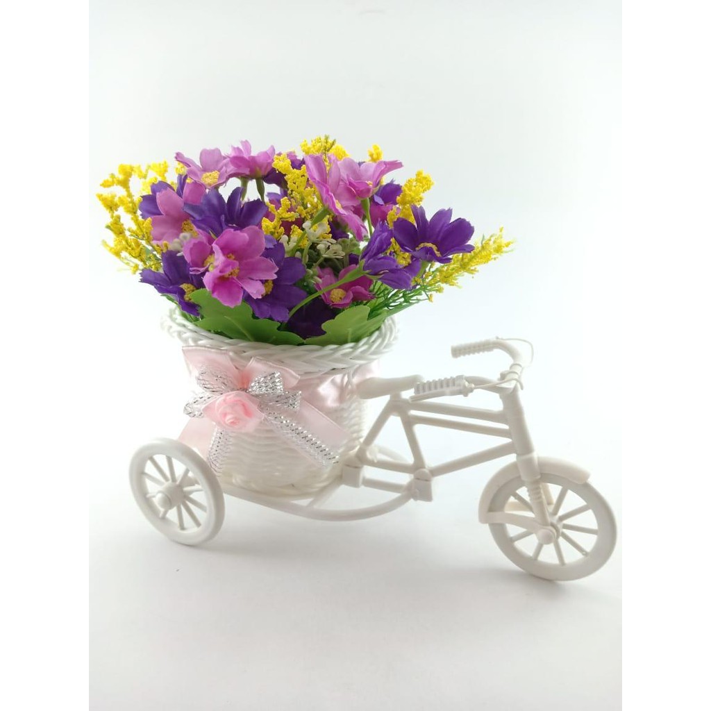 BUNGA SEPEDA SET BUNGA HIAS BUNGA PLASTIK VAS SEPEDA ROTTAN SET BUNGA DAISY BS6602-Ungu tua