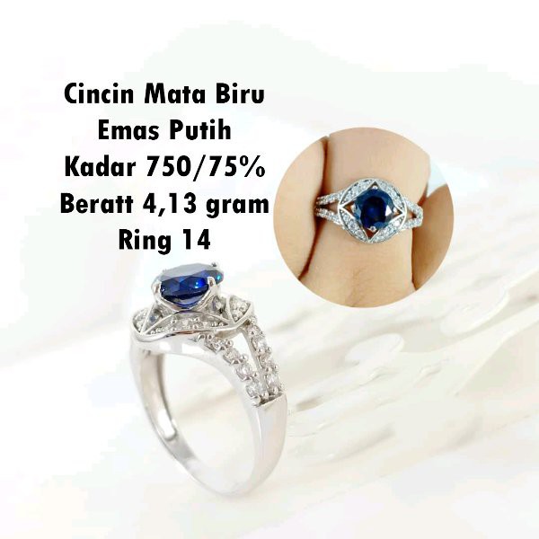 Cincin Mata Biru tua emas putih kadar 750 ring 14