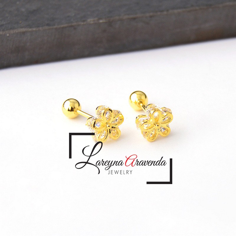 Anting Wanita Titanium Asli Bunga Crystal Kristal Zircon AAA ET002