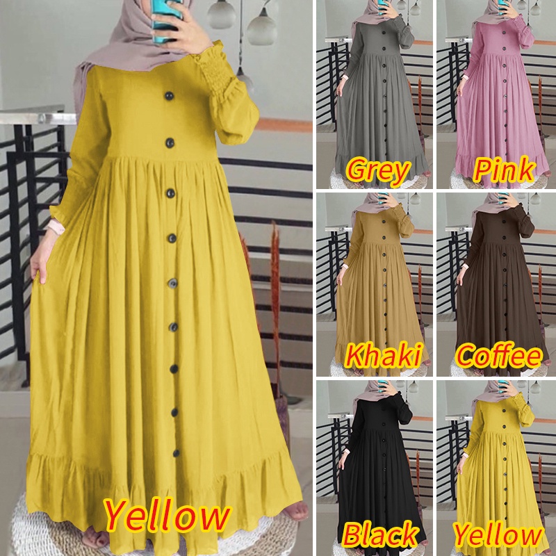 ZAZNEA Women Decorative Button Ruffle Hem Chiffon Puff Sleeve Muslim Maxi Dress