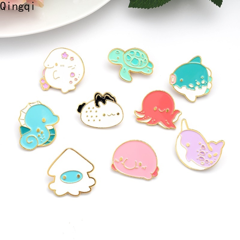 Bros Pin Enamel Bentuk Kartun Hewan Laut Kuda Nil Gurita Whale Turtle Untuk Hadiah Anak