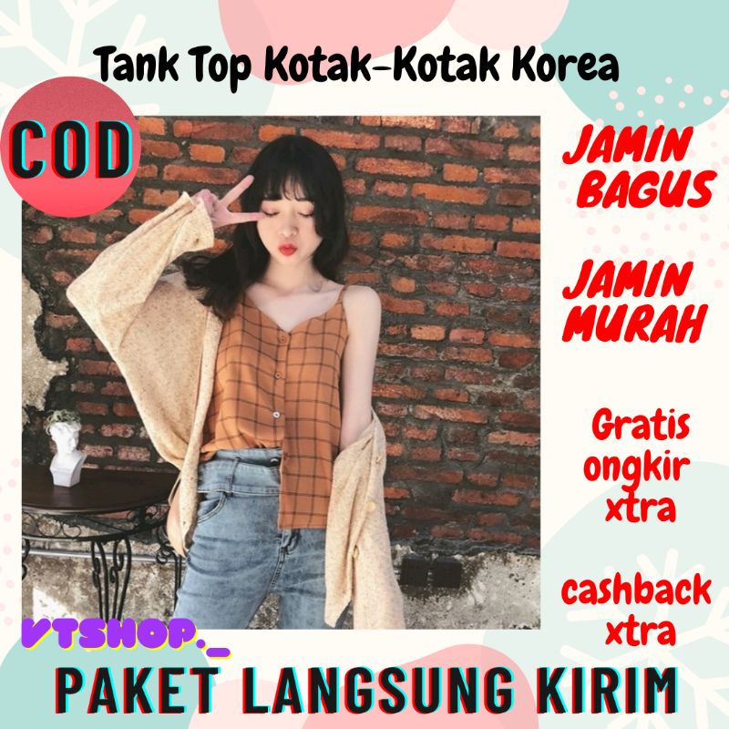 V526 - Tank Top Wanita Korea Kotak / Tanktop Kotak-Kotak / Tank Top Tali Tipis / Tank Top Korea / Ta