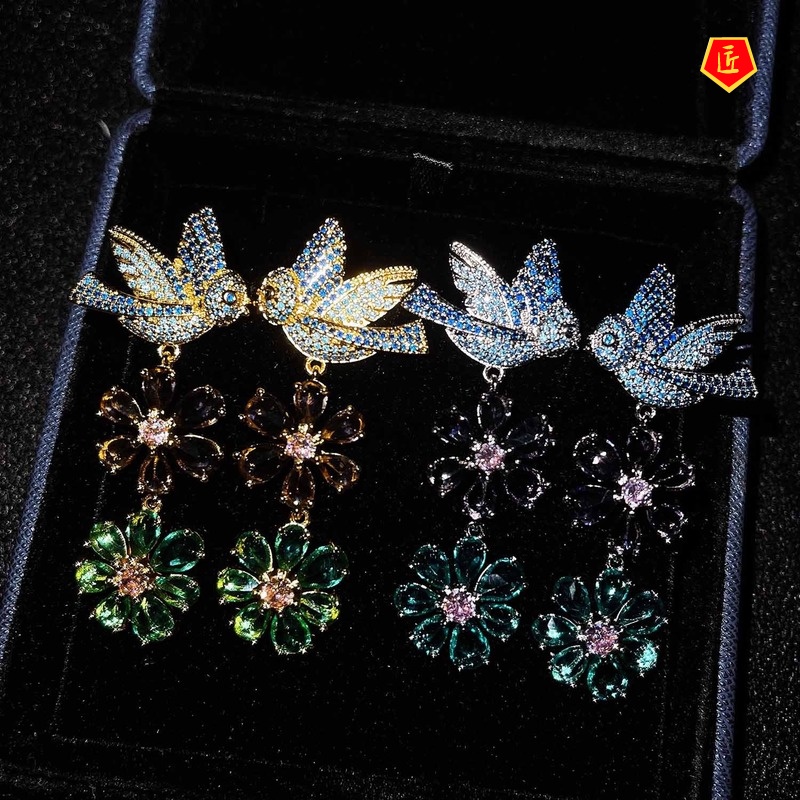 [Ready Stock]Luxury Vintage Flower Full Diamond Bird Earrings