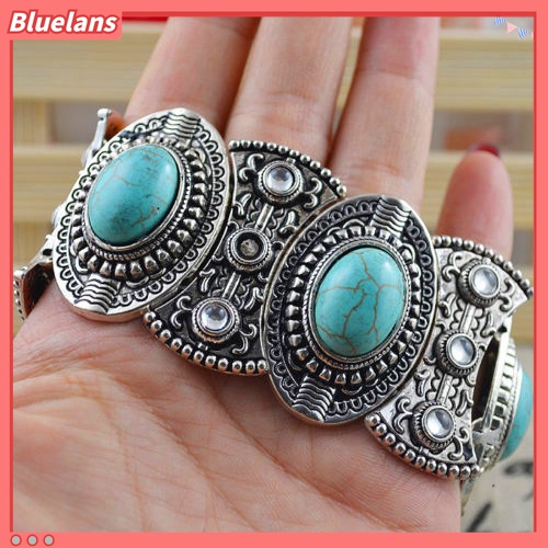 Gelang Bangle Turquoise Ukir Bentuk Oval Gaya Retro Tibet Untuk Wanita