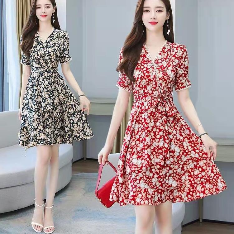 Terbaru.. dress bunga/dress bunga korea/2022 baru gaun sifon bunga kecil V-neck seksi mid-length