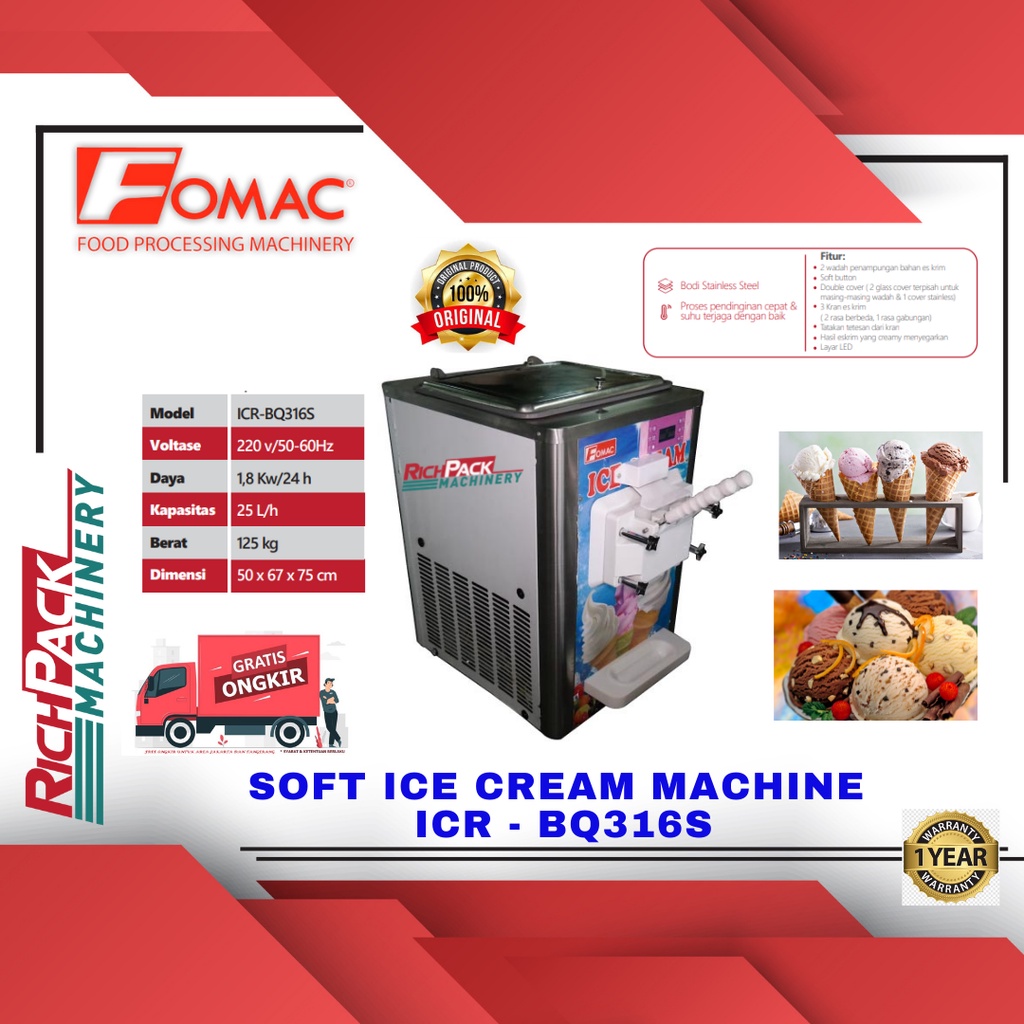 Fomac ICR-BQ316S Soft Ice Cream Machine Mesin Pembuat Es Krim 3 Tuas