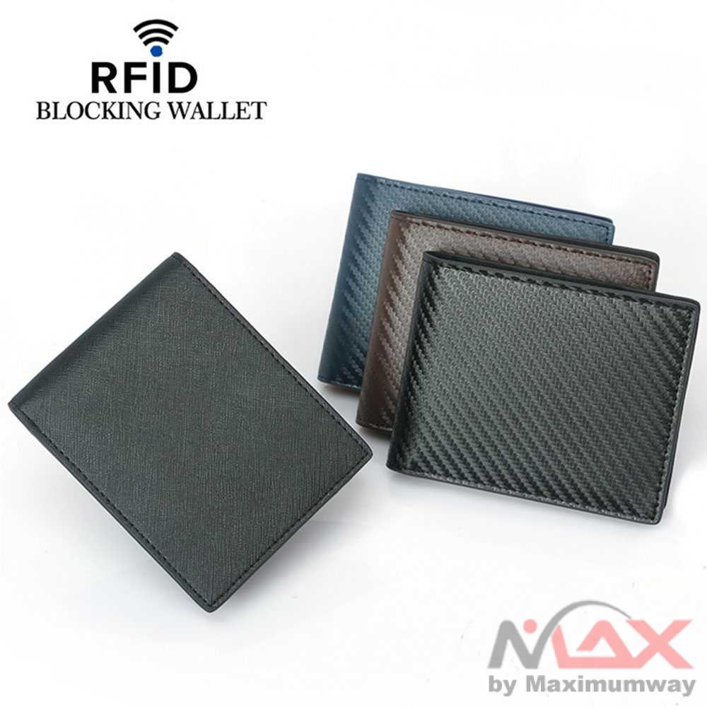 Dompet Lipat Pria dengan Anti RFID Blocking Anti Maling Magnetic RFID Aman untuk Kartu ATM Credit Card Emoney Trans Jakarta Kartu Akses Masuk Genuine Leather Men's Card Holder Carbon Fiber Grain Anti-theft Brush Wallet Cowhide Short RFID Wallet