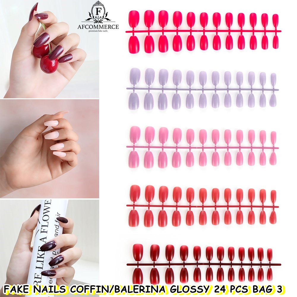 KUKU PALSU FAKE NAILS COFFIN BALERINA GLOSSY STYLE 24PCS BAG 3