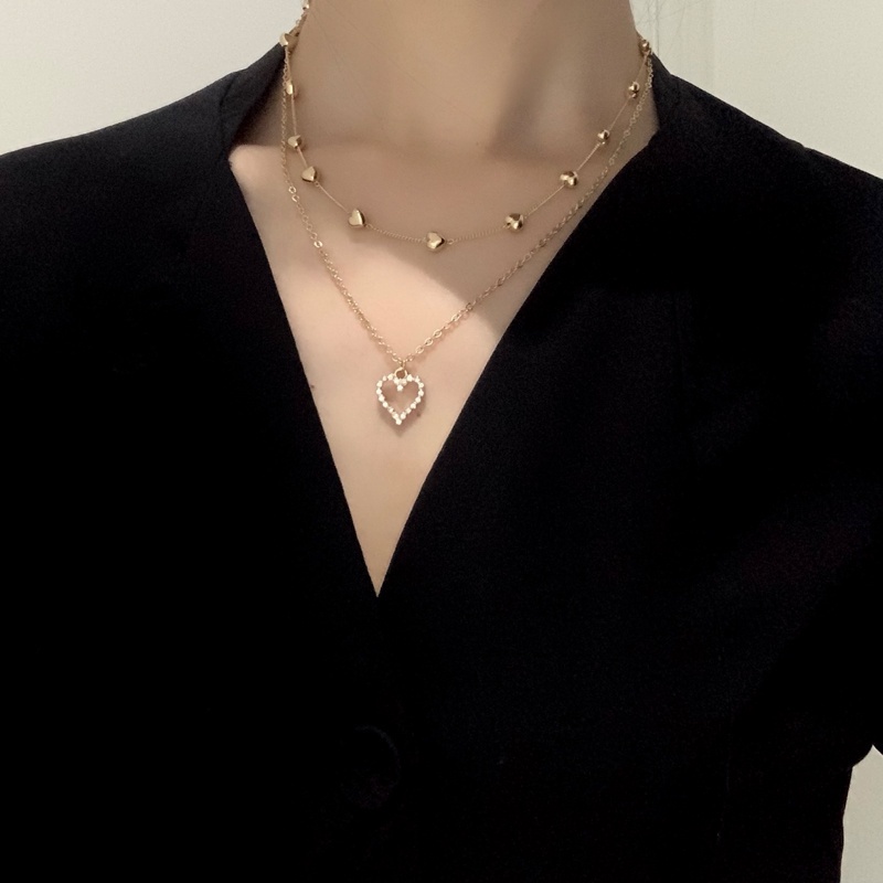 Fashion Wanita Kalung Double Stacked Chain Heart Necklace