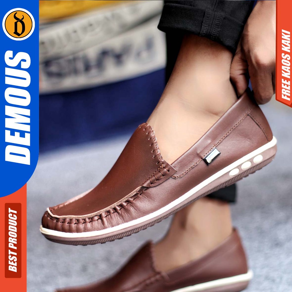 DEMOUS MYTH Sepatu Casual Slip On Pria Kulit Asli Kerja Santai Slop Murah Kekinian Hitam