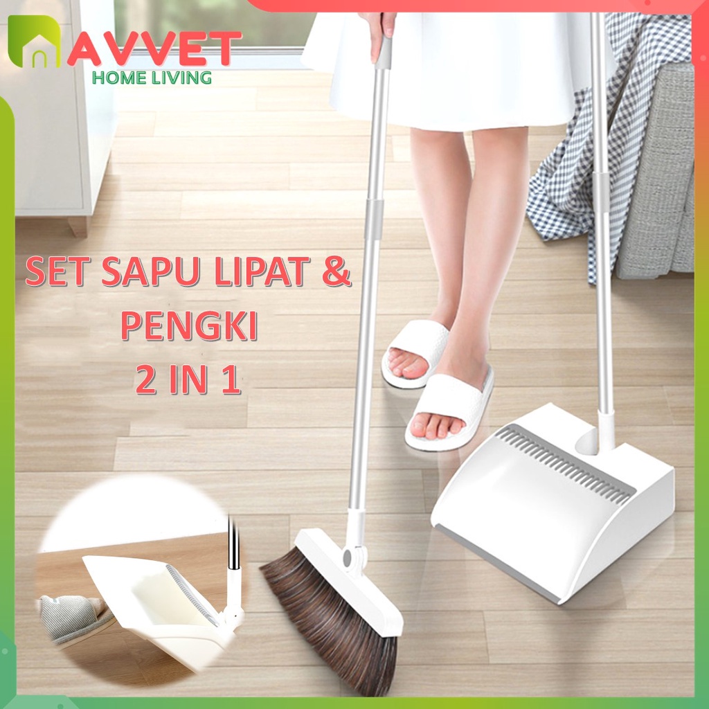 AVVET Set Sapu Lipat &amp; Pengki Sisir Minimalis Alat Pembersih Lantai Set Broom Dustpan Debu &amp; Kotoran