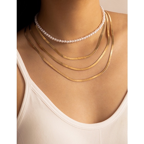 LRC Kalung Fashion Golden Geometric Multilayer Pearl Necklace V81355