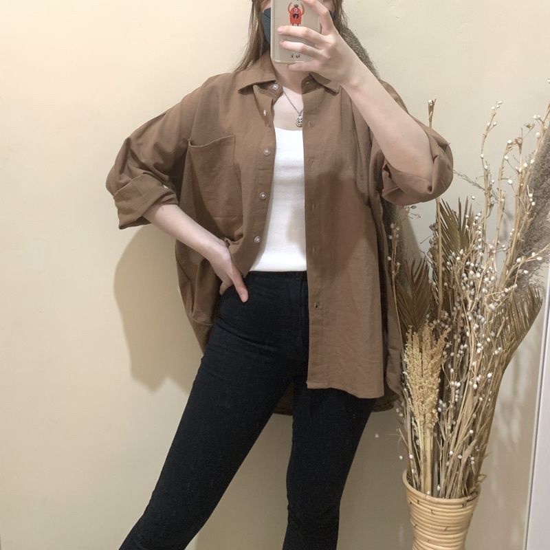 Kemeja wanita oversize linen / Olivia Shirt-Olivia choco
