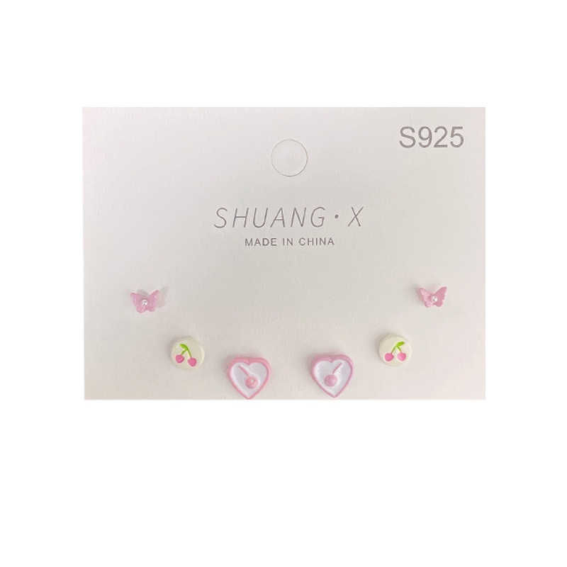 Set Anting Stud Desain Cherry Butterfly Heart Bahan S925 Silver Untuk Wanita