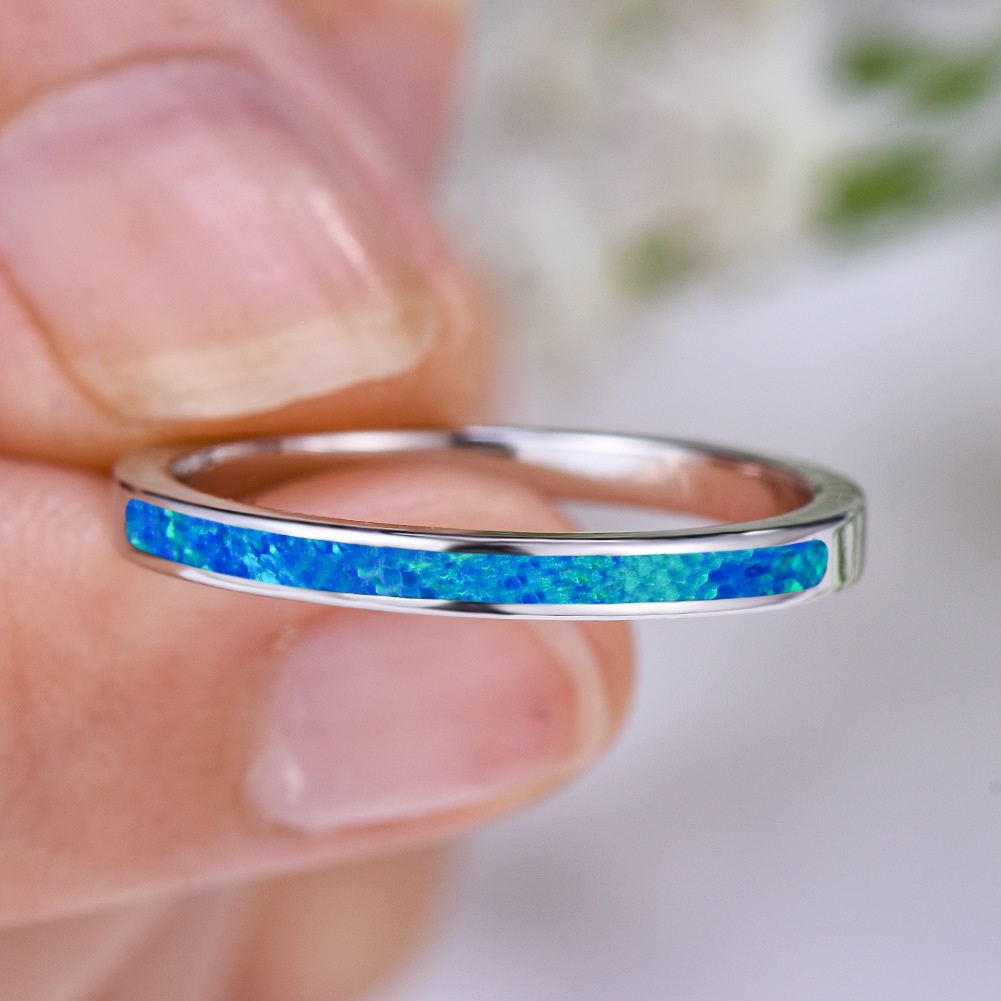 New European and American imitation inlaid blue opal 4mm silver ladies fashion simple thin ring