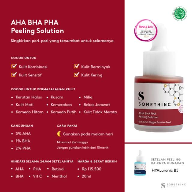 [FREE GIFT] Somethinc Niacinamide, Hyaluronic B5, AHA BHA peeling solution  20ml