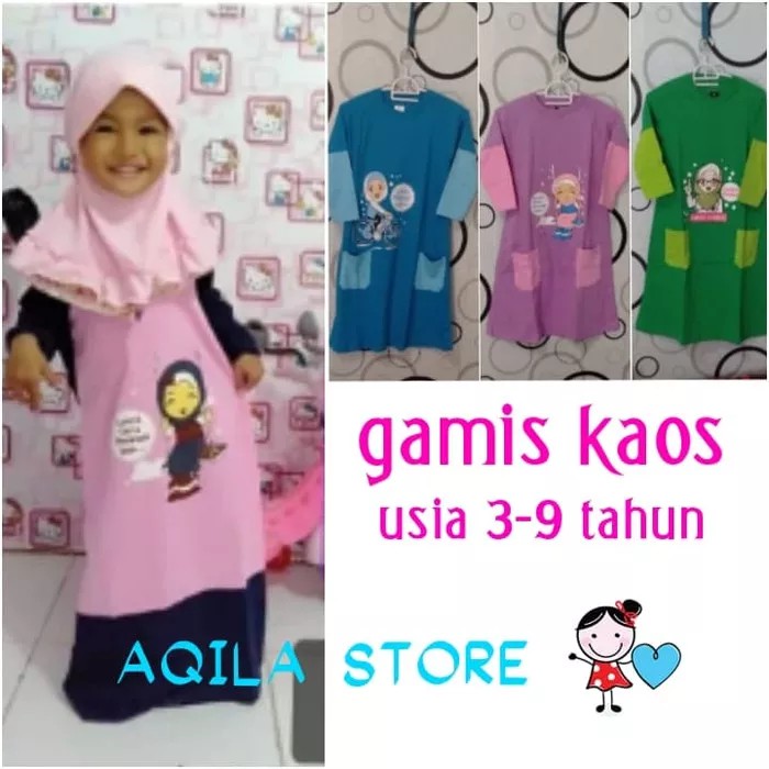 baju muslim anak perempuan /gamis kaos muslim anak 3-9 tahun