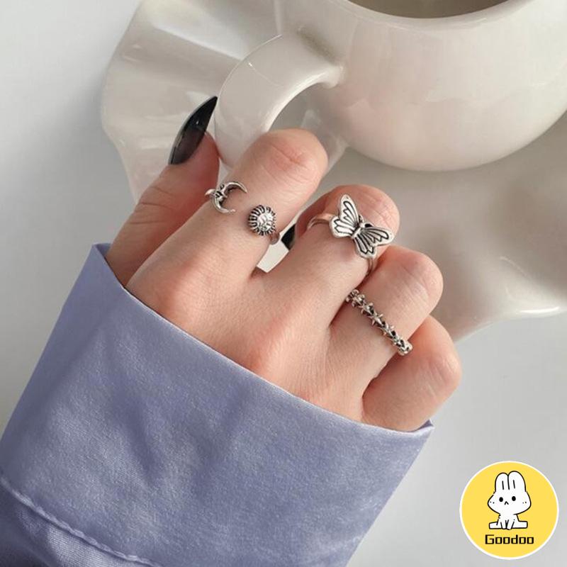 Cincin Gabungan Terbuka Kreatif Retro Star Moon 3-piece Set Cincin -Doo