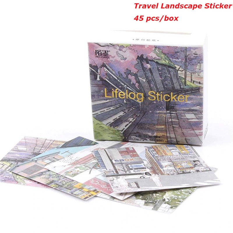 

INDORETAIL | 45 Pcs/Box Novelty Travel Landscape Kartun Stiker DIY Album Diary Stiker Scrapbooking
