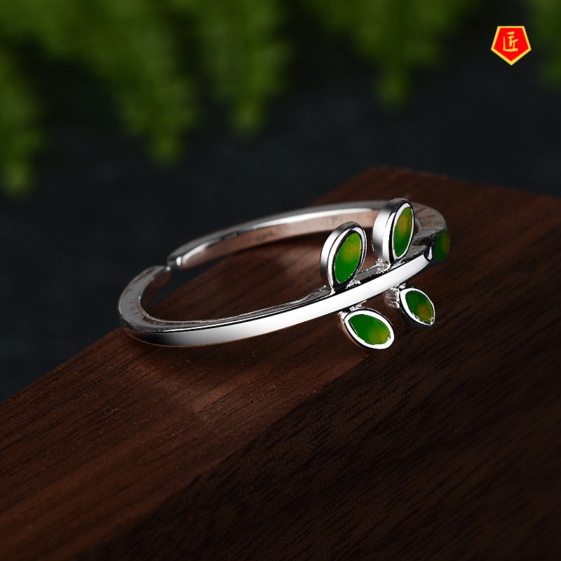 [Ready Stock]S925 Silver Green Leaves Ring Female Personality Simple