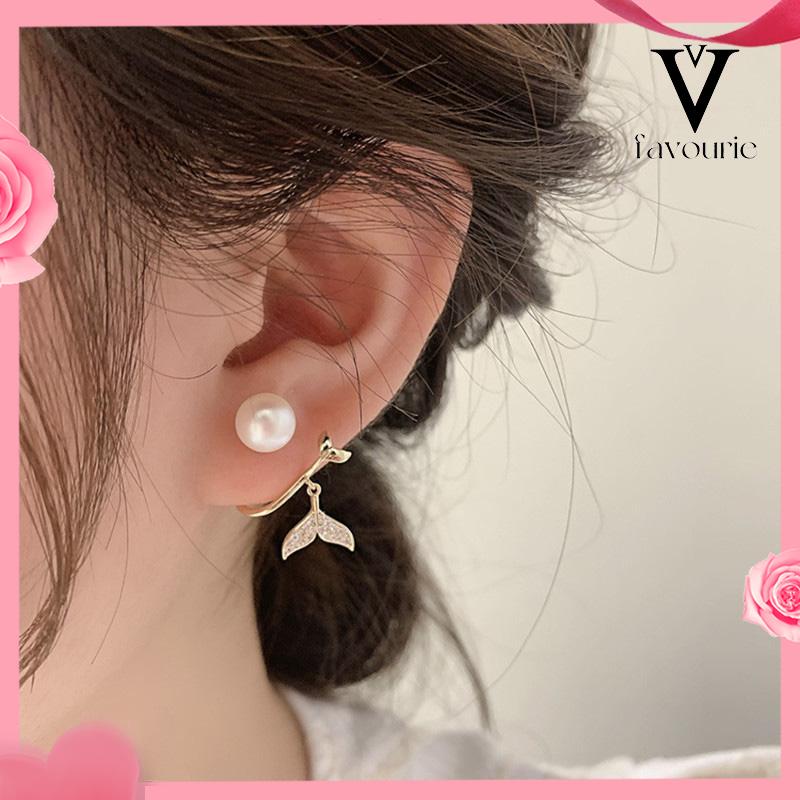 [COD]Pearl Fishtail Back Hanging Earrings Wanita High-end Cahaya Mewah Penuh Berlian Anting Geometris-FA