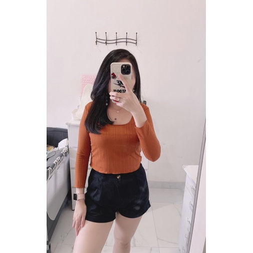 jisu croptop lengan 3/4.croptop polos wanita import murah,croptop kerah square/ kotak lengan 3/4 cwe,korean croptop murah