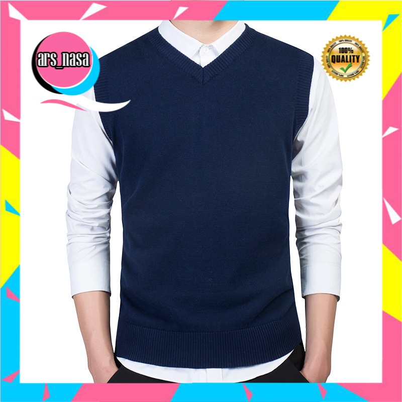 Sweater Pria Import Warna Solid Pria Sweater Pria Rompi V-Leher Dasar Sweater Tanpa Lengan Pullover 