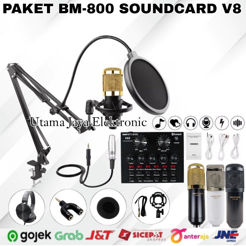 PAKET KOMPLIT MIC BM800 Sound Card V8 Mixer V8 Stand Mic Pop Filter