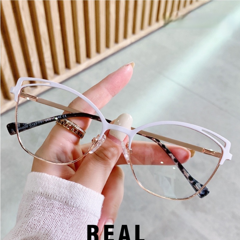 (YUZHU) COD Kacamata Fashion Eropa dan Amerika Cat Eye Anti Cahaya Biru Two Tone Metal Spring Leg Glasses untuk Wanita