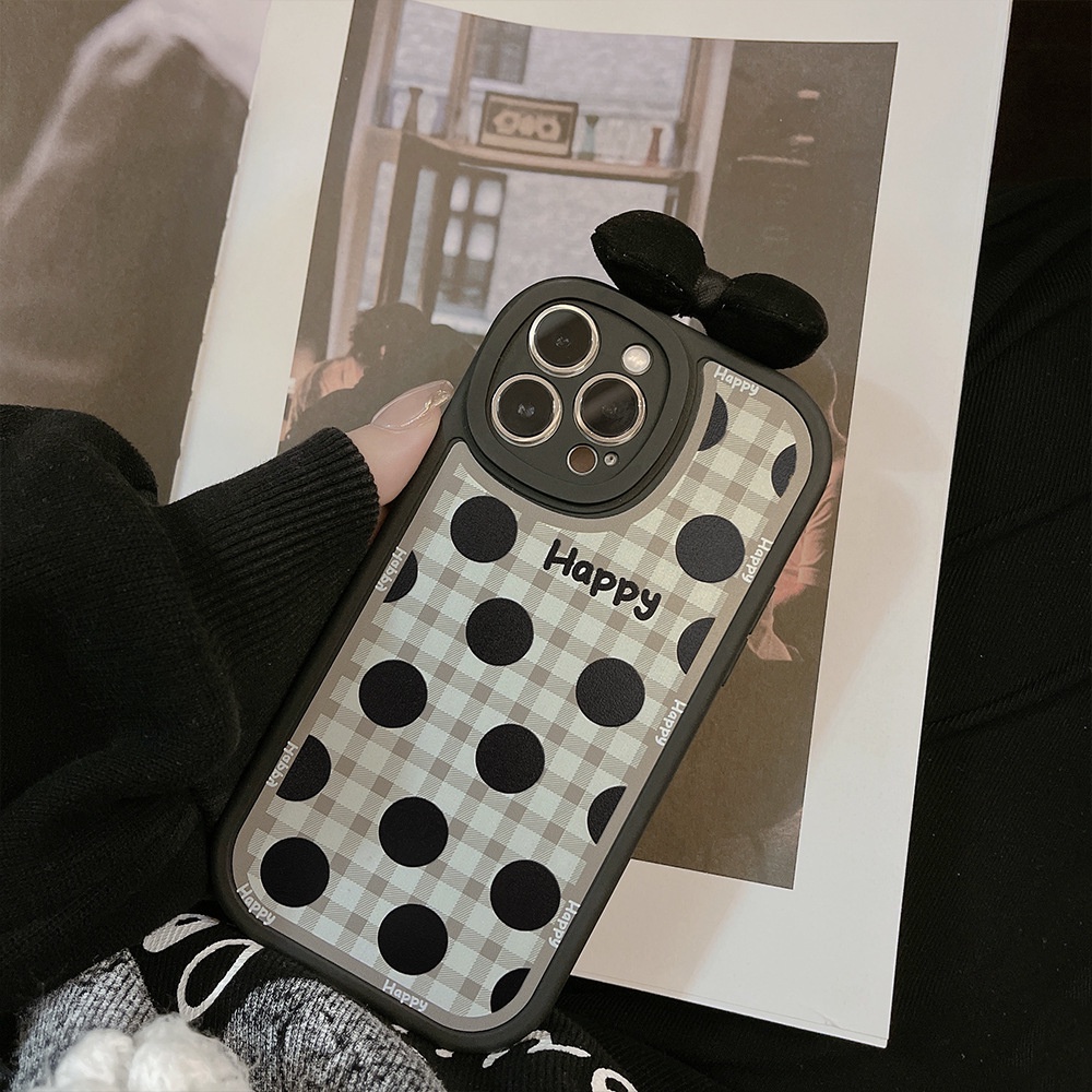 IPHONE Sarung Silikon Motif Kotak-Kotak Polkadot Hitam Cewek Keren Untuk Iphone7 8 PLUS X XR XS 11 12 13 14 MINI PRO MAX SE 2020 Case Dengan Busur Simpul 3D