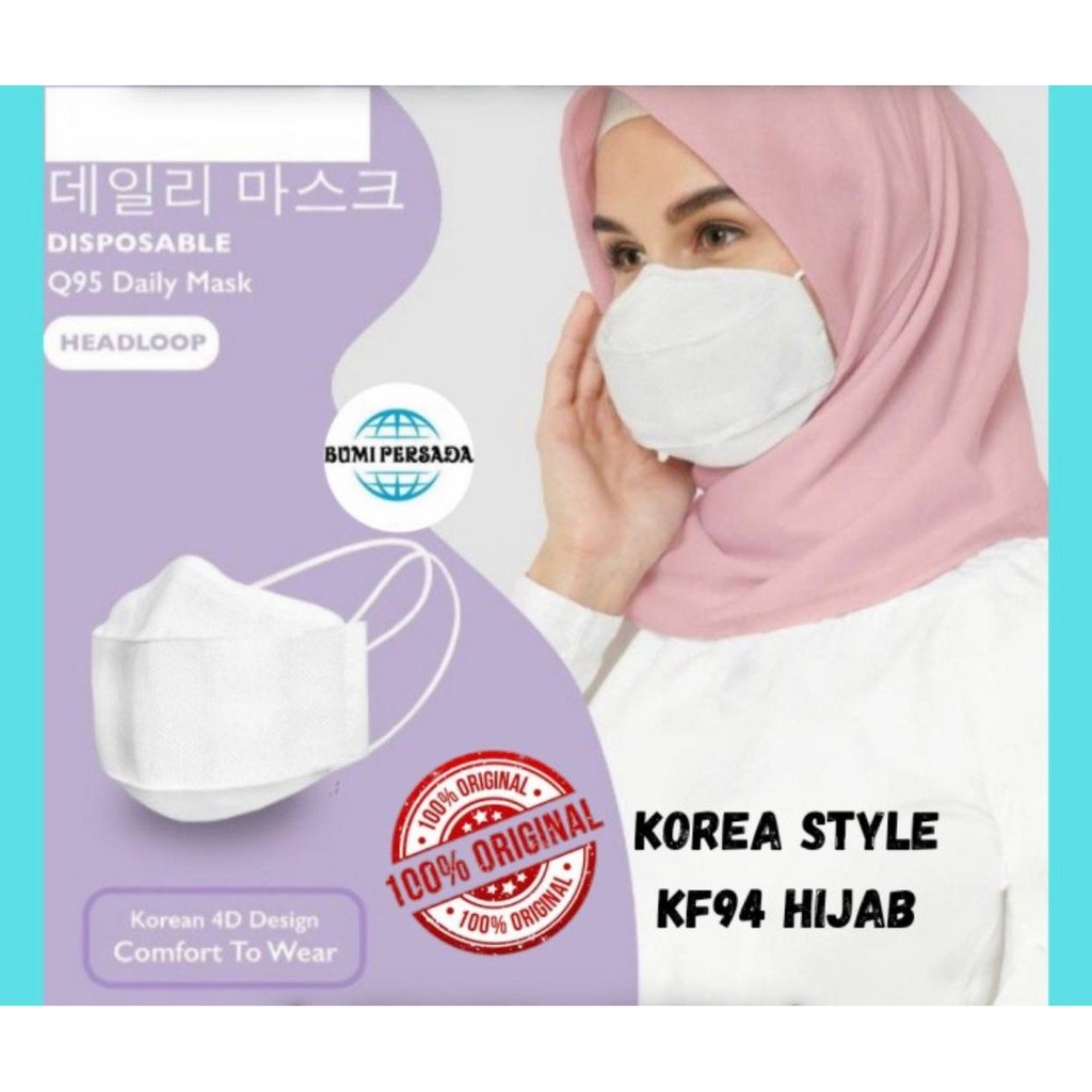 Masker KF94 Hijab Headloop 4ply Impor Korea 4D KF 94 Isi 10 Pcs