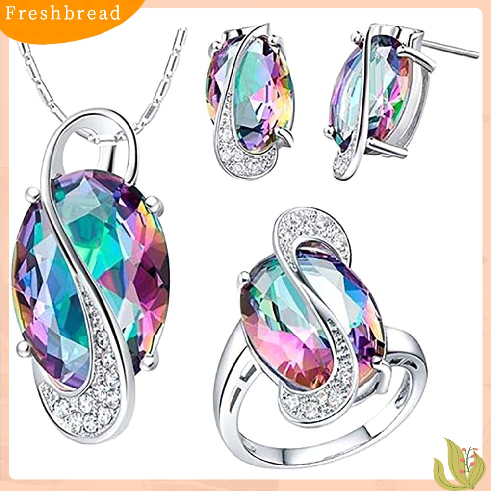 Terlaris Fashion Women Rainbow Faux Topaz Pendant Necklace Earrings Ring Jewelry Set