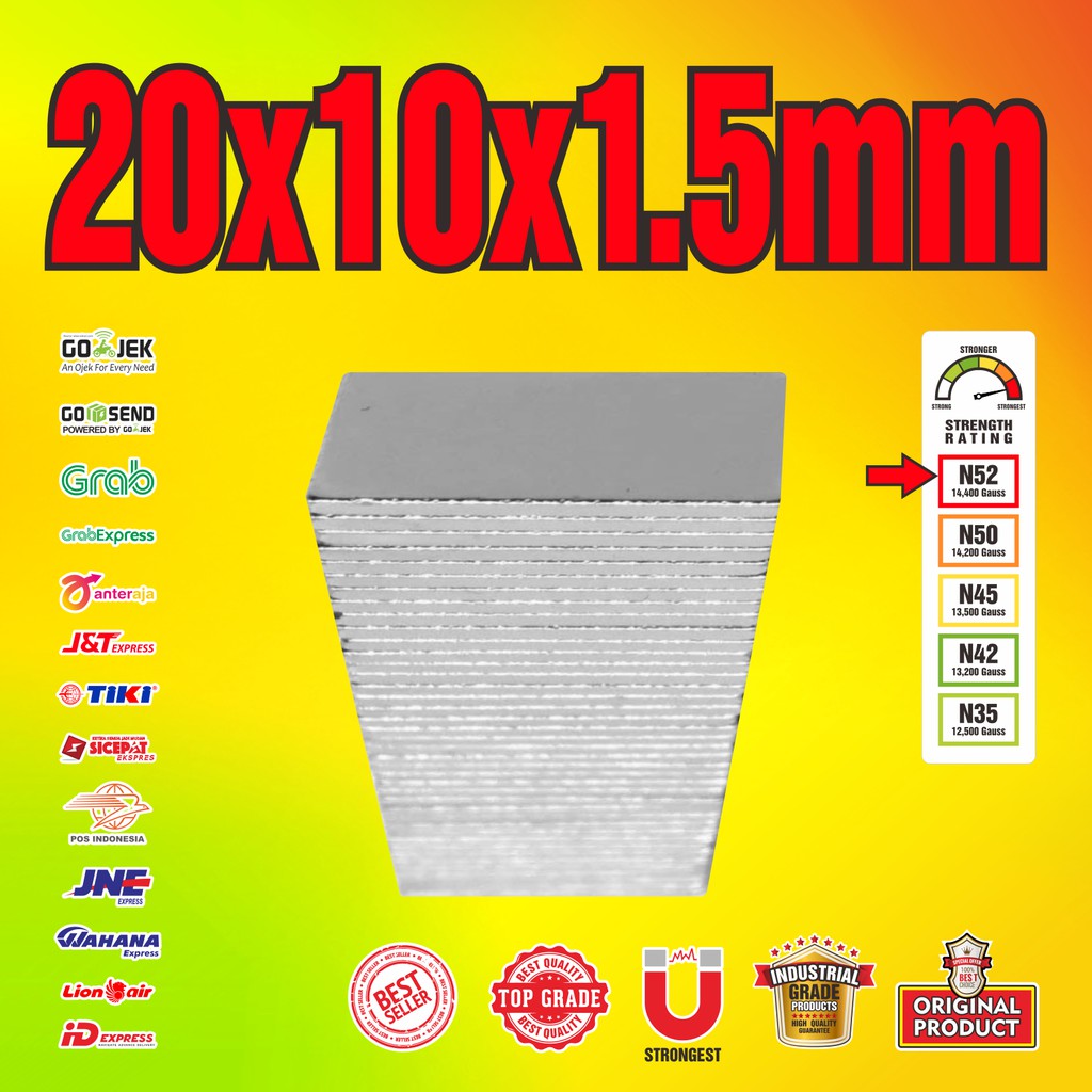 MAGNET NEODYMIUM 20x10x1.5mm  - 20 x 10 x 1.5 mm N52