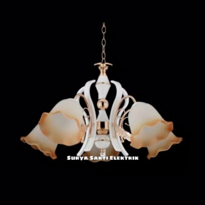 LAMPU GANTUNG KLASIK CABANG 5 BUNGA TANGKAI PUTIH