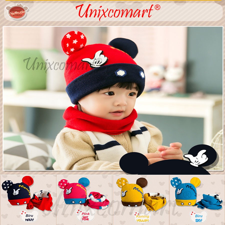 Topi Kupluk Anak Bayi Mickey Bahan Rajut Topi dan Syal