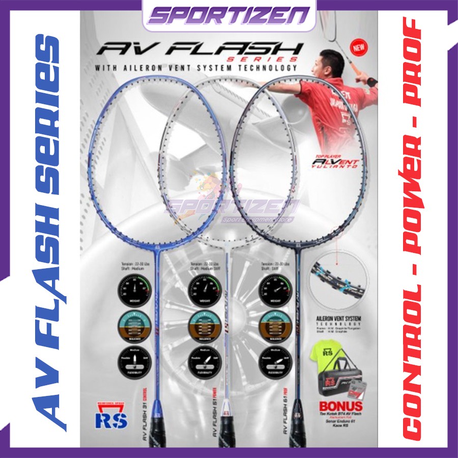 RAKET BADMINTON BULUTANGKIS RS AV FLASH 31 CONTROL / 51 POWER / 61 PROF PROFESIONAL ORI