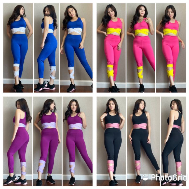 setelan baju senam crop/setelan olahraga zumba fitness setelan baju senam wanita model crop silang l