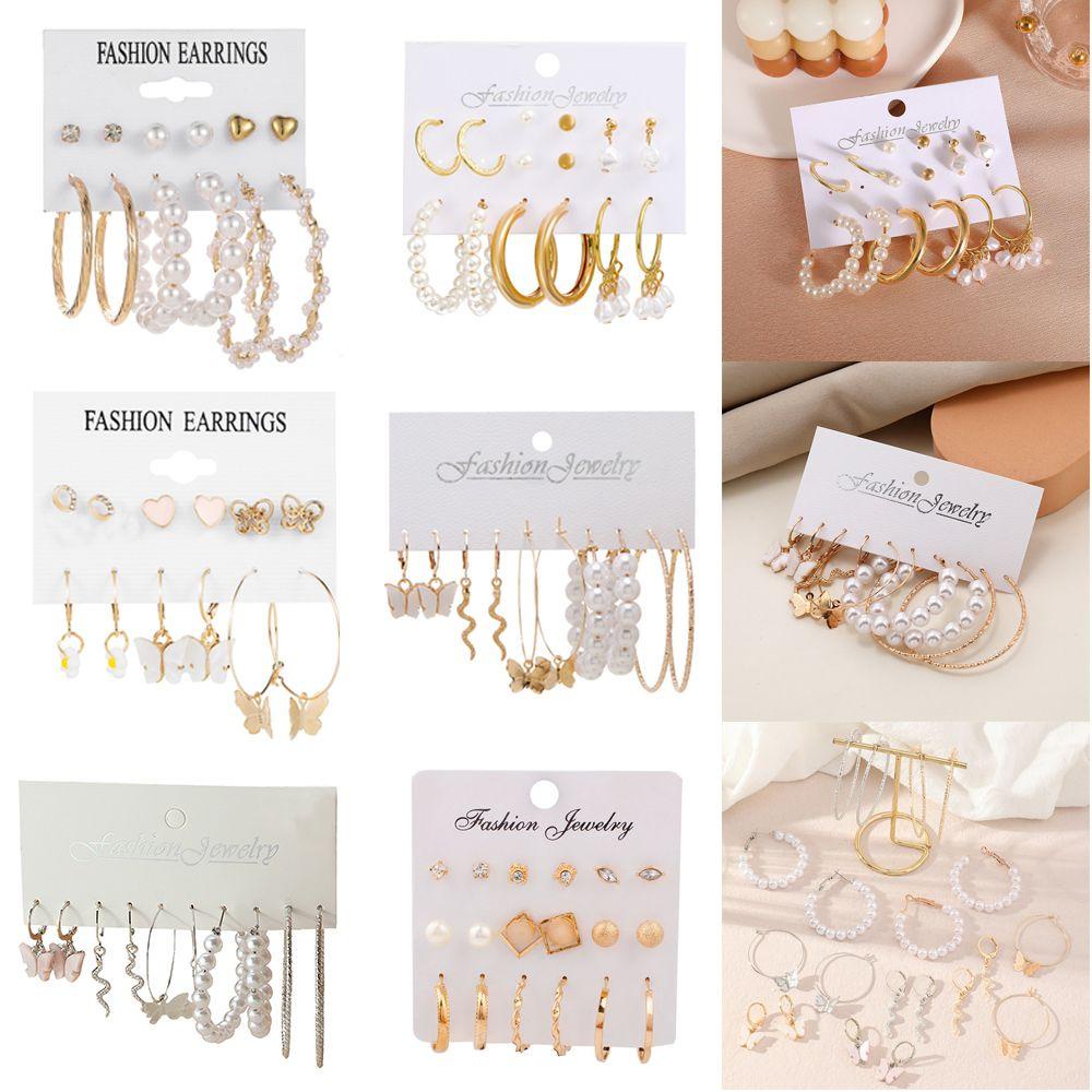 R-flower Drop Earrings Set Trendi Hadiah Pesta Aksesoris Gadis Kreatif Anting Mutiara