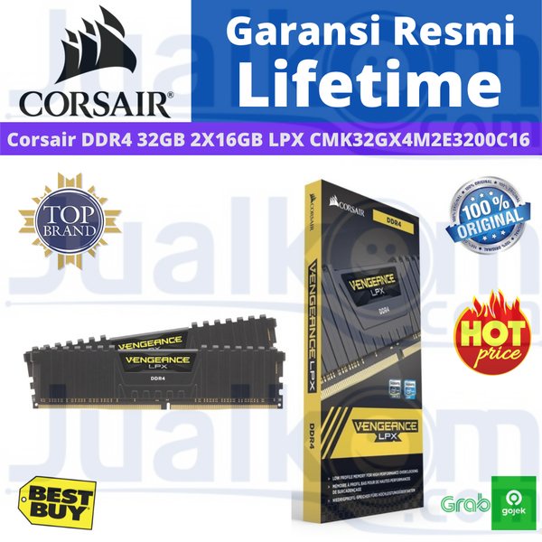 RAM Corsair DDR4 32GB (2x16GB) Vengeance LPX CMK32GX4M2E3200C16 PC3200 Resmi