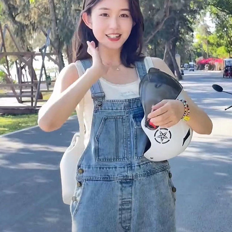 Tren awal musim gugur versi Korea dari overall denim kasual kecil baru tren celana one-piece wide-le