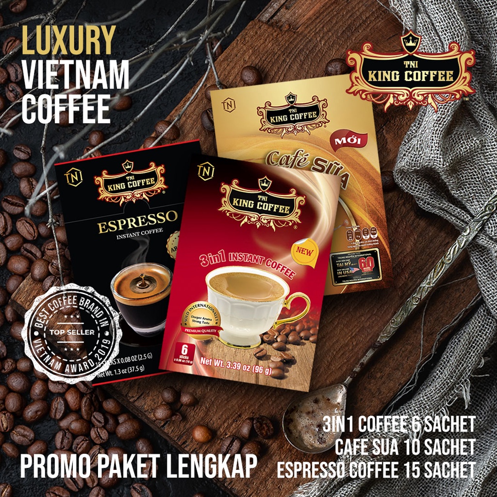 

[Bundling] Promo 3 Varian Espresso (15 sachet) 3in1 (6 sachet) Cafe Sua (10 sachet) Kopi Instant Premium King Coffee dari Vietnam Trung Nguyen