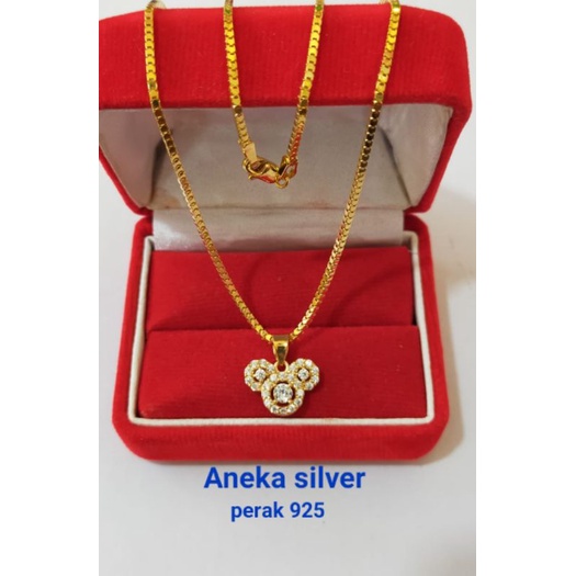 Kalung anak milano kaca + liontin mickey mouse, Perak 925, Sepuh Emas Kuning